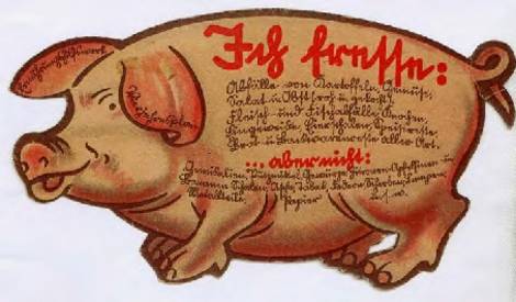 Abbildung eines Schweines mit Aufschriften, was es zu fressen bekommen soll, was nicht